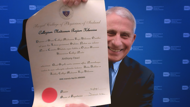 Dr Fauci with his Honorary Fellowship cert